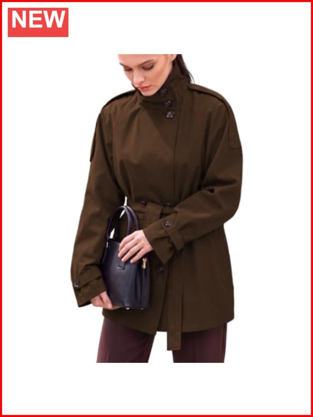 Women Double Breasted Windbreaker High Neck Button Down Jacket